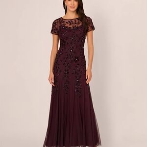 Adrianna Papell Hand Beaded Short Sleeve Floral Godet MOB Gown, Night Plum Sz10